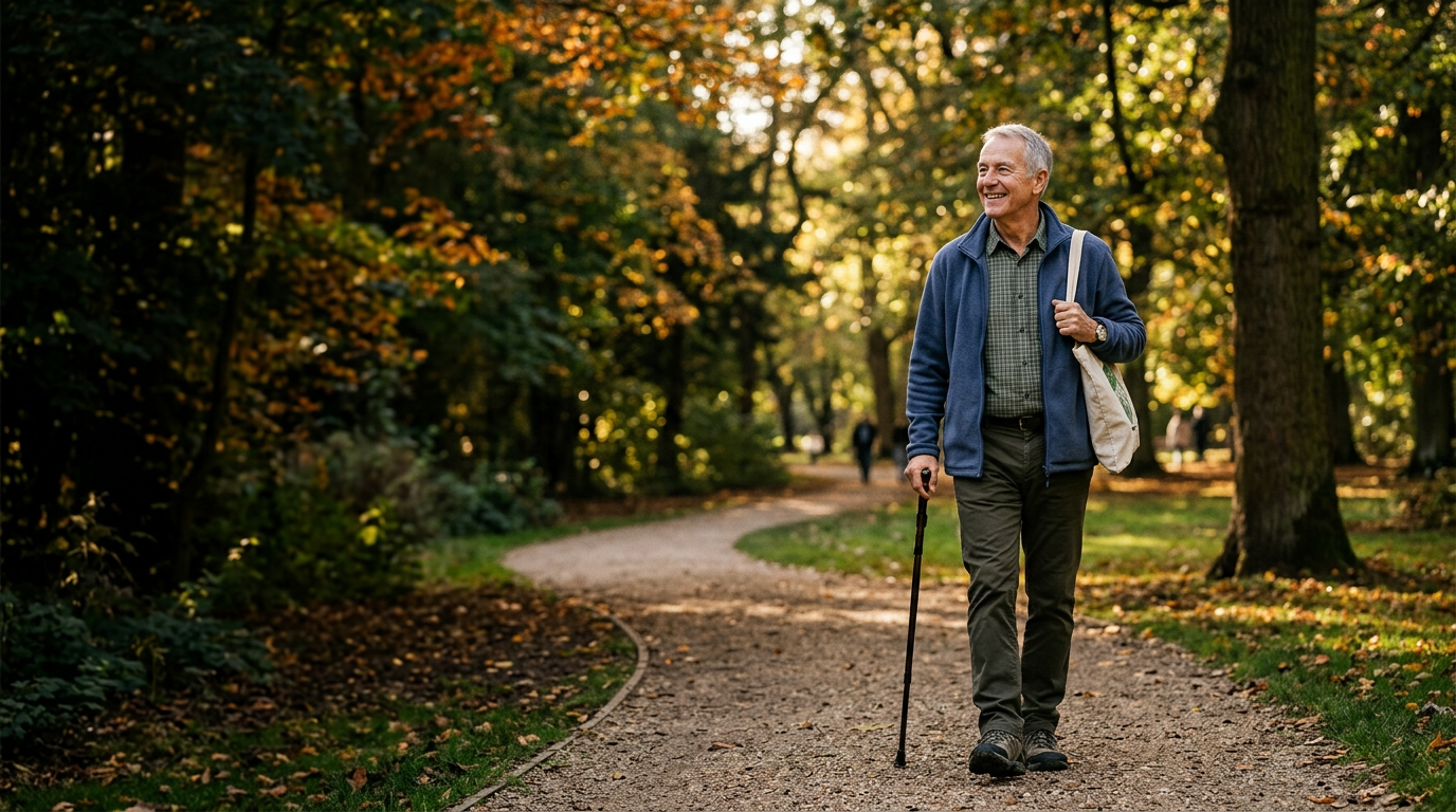An older man enjoying a gentle walk in a leafy park