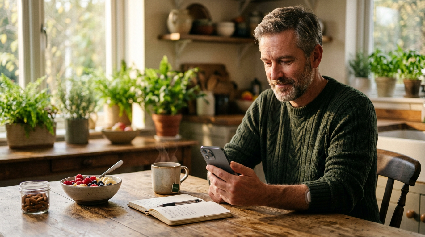 A man in a green knit sweater checking his phone at a wooden kitchen table beside a bowl of fruit and a notebook