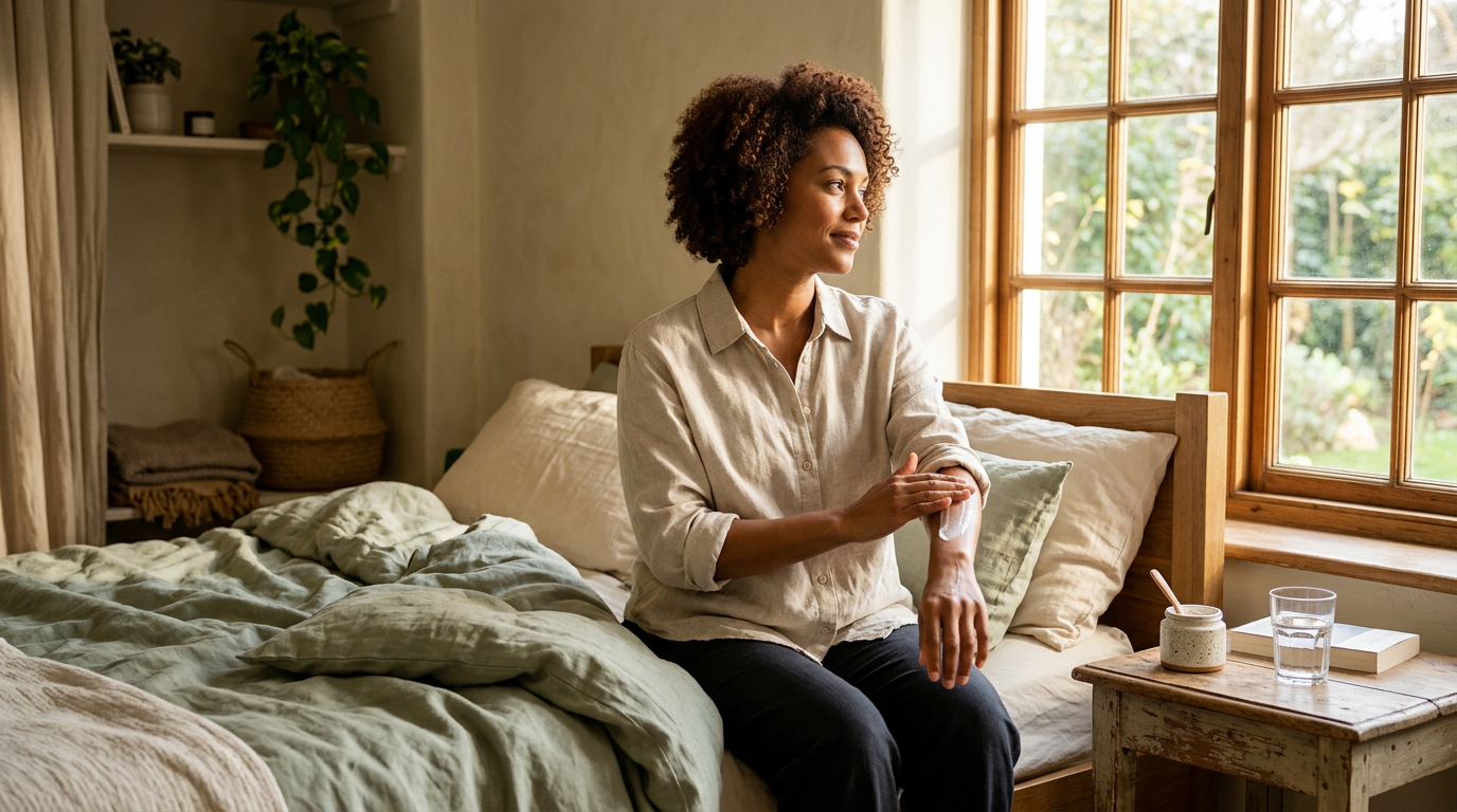 A woman smoothing moisturizer onto her forearm while sitting on a bed beside a sunlit window