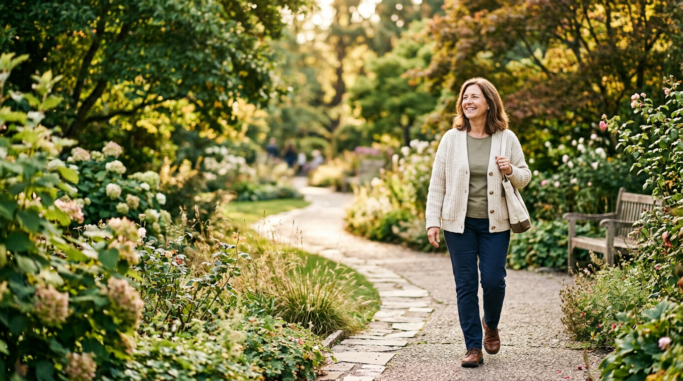 A smiling woman walking along a sunlit garden path